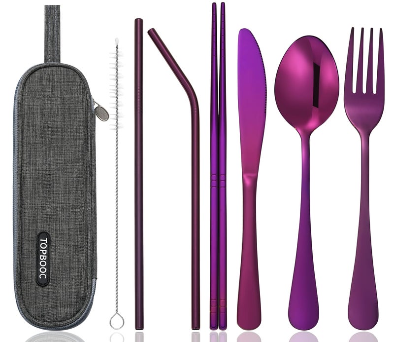 Topbooc 8-Piece Portable Stainless Steel Flatware Set, Travel Camping Cutlery Set with Purple Waterproof Case - Image 1